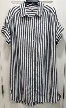 Women's Linen Blend Coastal Button-Down Shirt Dress Medium Blue & White Striped